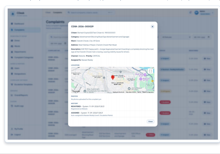 CDesk system admin complaint detail modal with citizen, category, location and audit history