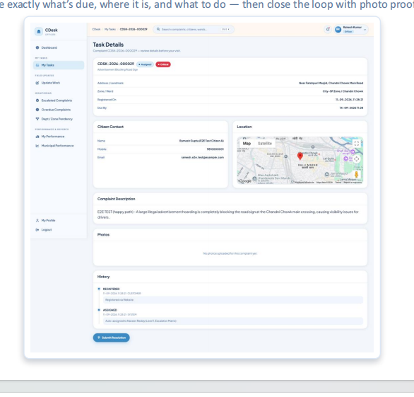 CDesk field officer task detail view with complaint address, geocoded map and status history