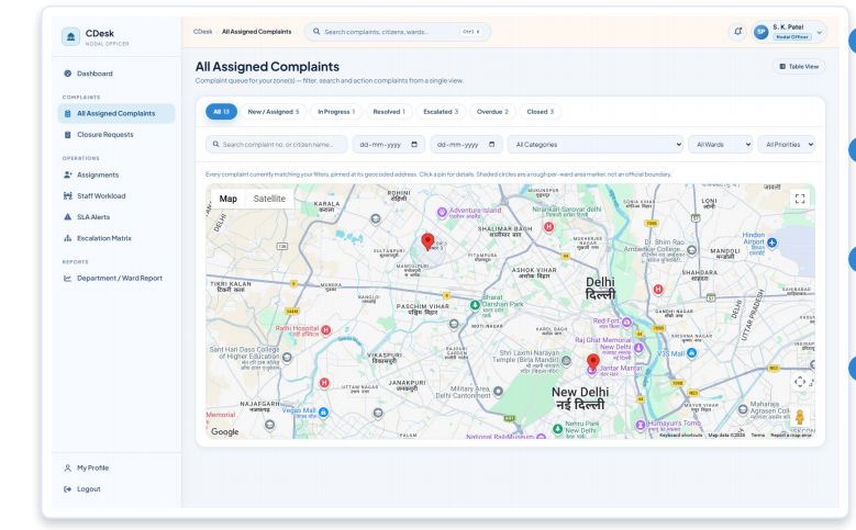 CDesk nodal officer zone-wide live map of assigned complaints across Delhi